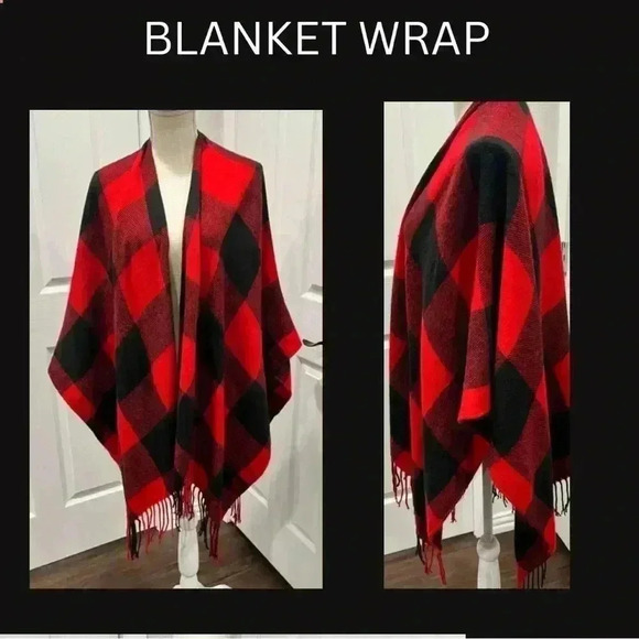 Blanket wrap / scarf in red and black plaid.  Fall, football, cozy - Picture 1 of 5